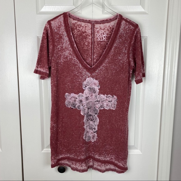 Chaser Tops - CHASER DISTRESSED ROSE CROSS BURNOUT GRAPHIC TEE